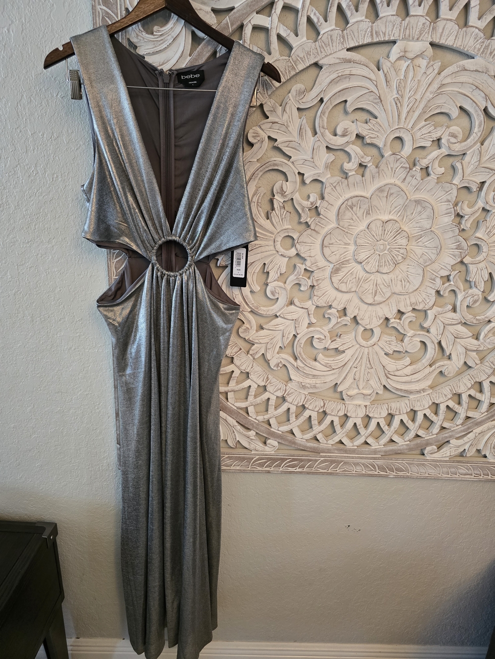 Bebe Women's Silver Ring Detail Sparkle Knit Cut Out Maxi Dress L - Picture 2 of 8
